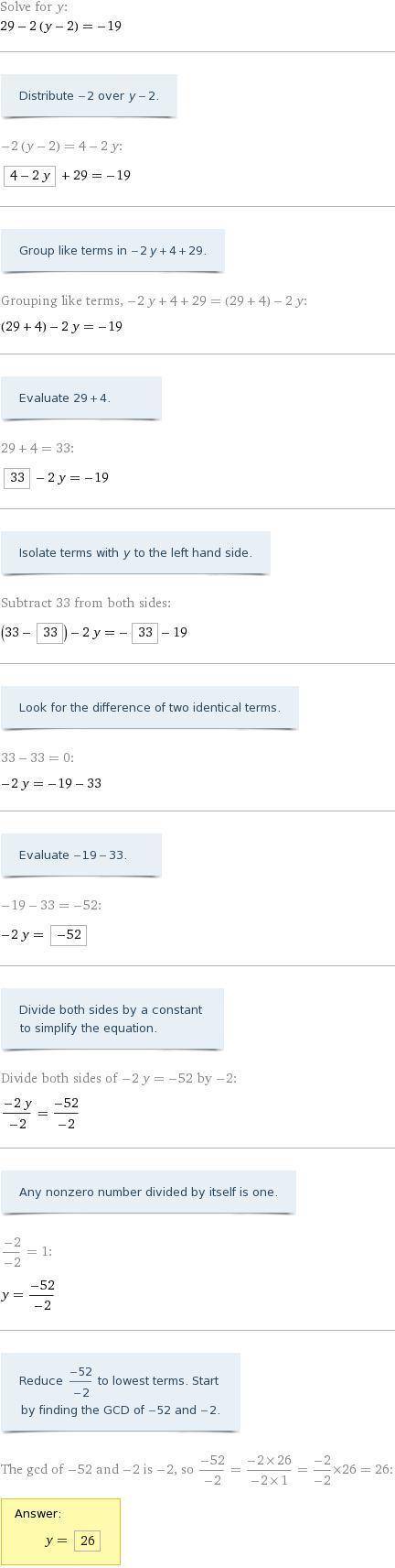 In the equation -3(y-2)2/3+29=-19, the values of y are