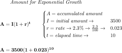 \bf \qquad \textit{Amount for Exponential Growth}\\\\&#10;A=I(1 + r)^t\qquad &#10;\begin{cases}&#10;A=\textit{accumulated amount}\\&#10;I=\textit{initial amount}\to &3500\\&#10;r=rate\to 2.3\%\to \frac{2.3}{100}\to &0.023\\&#10;t=\textit{elapsed time}\to &10\\&#10;\end{cases}&#10;\\\\\\&#10;A=3500(1+0.023)^{10}