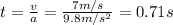 t=\frac{v}{a}=\frac{7 m/s}{9.8 m/s^2}=0.71 s