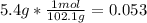 5.4g*\frac{1mol}{102.1g}=0.053