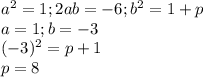 a^{2}=1; 2ab=-6; b^{2}=1+p\\a=1; b=-3\\(-3)^{2}=p+1\\p=8