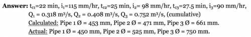 Determine the actual diameter of the first three pipes, in series, for a storm sewer system for a st