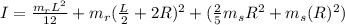 I = \frac{m_r L^2}{12} + m_r(\frac{L}{2} + 2R)^2 + (\frac{2}{5} m_s R^2 + m_s(R)^2)