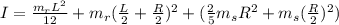 I = \frac{m_r L^2}{12} + m_r(\frac{L}{2} + \frac{R}{2})^2 + (\frac{2}{5} m_s R^2 + m_s(\frac{R}{2})^2)