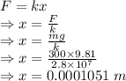 F=kx\\\Rightarrow x=\frac{F}{k}\\\Rightarrow x=\frac{mg}{k}\\\Rightarrow x=\frac{300\times 9.81}{2.8\times 10^7}\\\Rightarrow x=0.0001051\ m