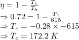 \eta=1-\frac{T_c}{T_h}\\\Rightarrow 0.72=1-\frac{T_c}{615}\\\Rightarrow T_c=-0.28\times -615\\\Rightarrow T_c=172.2\ K