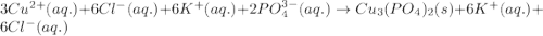 3Cu^{2+}(aq.)+6Cl^-(aq.)+6K^+(aq.)+2PO_4^{3-}(aq.)\rightarrow Cu_3(PO_4)_2(s)+6K^+(aq.)+6Cl^-(aq.)