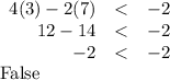 \begin{array}{rcl}4(3) - 2(7) & < & -2\\12 - 14 & < & -2\\-2 &< & -2\\\end{array}\\\text{False}