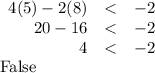 \begin{array}{rcl}4(5) - 2(8) & < & -2\\20 - 16 & < & -2\\4 &< & -2\\\end{array}\\\text{False}