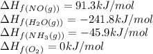 \Delta H_f_{(NO(g))}=91.3kJ/mol\\\Delta H_f_{(H_2O(g))}=-241.8kJ/mol\\\Delta H_f_{(NH_3(g))}=-45.9kJ/mol\\\Delta H_f_{(O_2)}=0kJ/mol