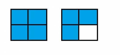 Each square below represents one whole. a square divided in 4 equal parts, all 4 of which are shaded