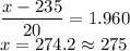 \displaystyle\frac{x - 235}{20} = 1.960\\x =274.2 \approx 275