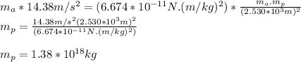 m_a*14.38m/s^2=(6.674*10^{-11}N.(m/kg)^2)*\frac{m_a.m_p}{(2.530*10^3m)^2}\\m_p=\frac{14.38m/s^2(2.530*10^3m)^2}{(6.674*10^{-11}N.(m/kg)^2)}\\\\m_p=1.38*10^{18}kg