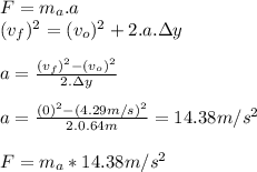 F=m_a.a\\(v_f )^2=(v_o)^2+2.a.\Delta y\\\\a=\frac{(v_f)^2-(v_o)^2}{2.\Delta y}\\\\a=\frac{(0)^2-(4.29m/s)^2}{2.0.64m}=14.38m/s^2\\\\F=m_a*14.38m/s^2
