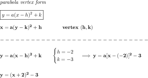 \bf \textit{parabola vertex form}\\\\&#10;\boxed{y=a(x-{{ h}})^2+{{ k}}}\\\\&#10;x=a(y-{{ k}})^2+{{ h}}\qquad\qquad  vertex\ ({{ h}},{{ k}})\\\\&#10;-----------------------------\\\\&#10;y=a(x-h)^2+k\qquad &#10;\begin{cases}&#10;h=-2\\&#10;k=-3&#10;\end{cases}\implies y=a[x-(-2)]^2-3&#10;\\\\\\&#10;y=(x+2)^2-3