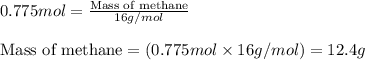 0.775mol=\frac{\text{Mass of methane}}{16g/mol}\\\\\text{Mass of methane}=(0.775mol\times 16g/mol)=12.4g