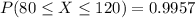 P(80\leq X \leq 120)=0.9957