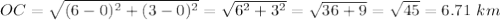 OC=\sqrt{(6-0)^2+(3-0)^2}=\sqrt{6^2+3^2}=\sqrt{36+9}=\sqrt{45}=6.71\ km