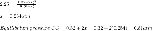 2.25 = \frac{(0.32+2x)^{2} }{(0.56-x)} \\\\x = 0.254 atm\\\\Equilibrium\ pressure\ CO = 0.32 + 2x = 0.32 + 2(0.254) =0.81 atm