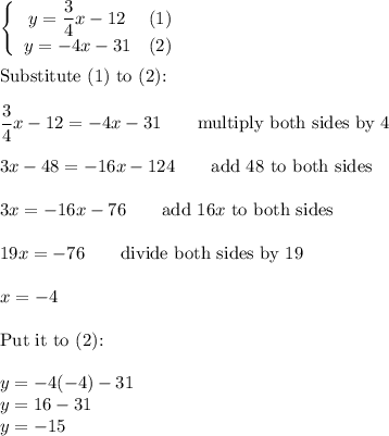 \left\{\begin{array}{ccc}y=\dfrac{3}{4}x-12&(1)\\y=-4x-31&(2)\end{array}\right\\\\\text{Substitute (1) to (2):}\\\\\dfrac{3}{4}x-12=-4x-31\qquad\text{multiply both sides by 4}\\\\3x-48=-16x-124\qquad\text{add 48 to both sides}\\\\3x=-16x-76\qquad\text{add}\ 16x\ \text{to both sides}\\\\19x=-76\qquad\text{divide both sides by 19}\\\\x=-4\\\\\text{Put it to (2):}\\\\y=-4(-4)-31\\y=16-31\\y=-15