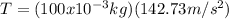 T=(100x10^{-3}kg)(142.73m/s^{2})