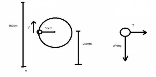 A100 g ball on a 55-cm-long string is swung in a vertical circle about a point 200 cm above the floo
