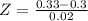 Z = \frac{0.33 - 0.3}{0.02}