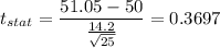 t_{stat} = \displaystyle\frac{51.05 - 50}{\frac{14.2}{\sqrt{25}} } = 0.3697