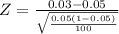 Z=\frac{0.03-0.05}{\sqrt{\frac{0.05(1-0.05)}{100}}}