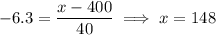 -6.3=\dfrac{x-400}{40}\implies x=148
