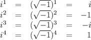 \begin{array}{lclcr}i^{1} & = &(\sqrt{-1})^{1}&=& i\\i^{2} & = & (\sqrt{-1})^{2}& =&-1\\i^{3} & = & (\sqrt{-1})^{3}&=&-i\\i^{4} & = & (\sqrt{-1})^{4}& = &1\\\end{array}