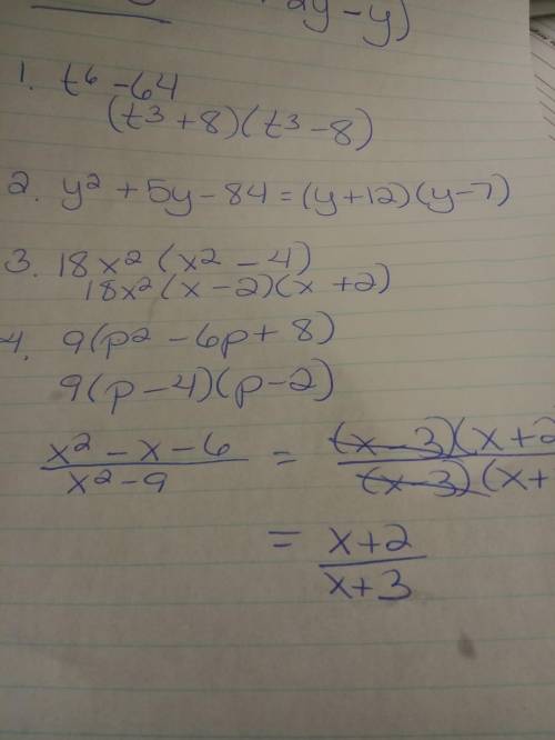 Factor completely and show work 1. t^6 – 64  2. y² + 5y – 84  3.18x^4– 72x²  4.9p² - 54p + 72 5.(x^2