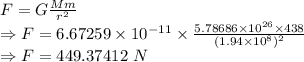 F=G\frac{Mm}{r^2}\\\Rightarrow F=6.67259\times 10^{-11}\times \frac{5.78686\times 10^{26}\times 438}{(1.94\times 10^8)^2}\\\Rightarrow F=449.37412\ N