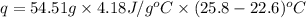 q=54.51 g\times 4.18 J/g^oC\times (25.8-22.6)^oC