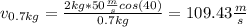 v_{0.7kg}=\frac{2kg*50\frac{m}{s}cos(40)}{0.7kg}=109.43\frac{m}{s}