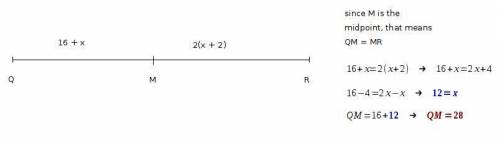 Point m is the midpoint of segment qr. if qm = 16 + x and mr = 2(x + 2), find the length of qm