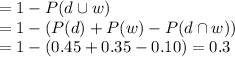 = 1 - P(d \cup w)\\= 1 - (P(d) + P(w) - P(d \cap w))\\= 1 - (0.45 + 0.35 - 0.10)= 0.3