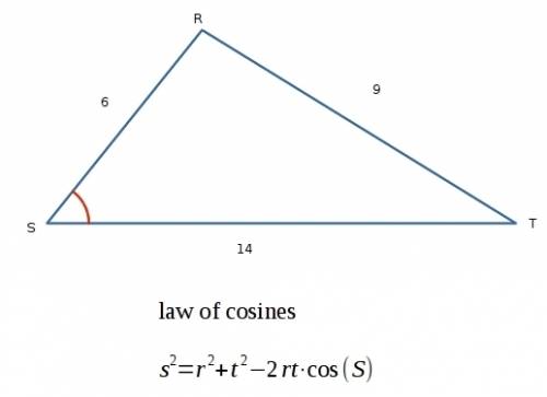 Using the law of cosines, in triangle rst, if r=14 yd, s=9 yd, t=16 yd find m angle s  ?   you