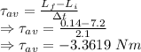 \tau_{av}=\frac{L_f-L_i}{\Delta t}\\\Rightarrow \tau_{av}=\frac{0.14-7.2}{2.1}\\\Rightarrow \tau_{av}=-3.3619\ Nm