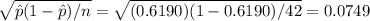 \sqrt{\hat{p}(1-\hat{p})/n}=\sqrt{(0.6190)(1-0.6190)/42}=0.0749