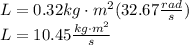 L=0.32kg\cdot m^2(32.67\frac{rad}{s})\\L=10.45\frac{kg\cdot m^2}{s}
