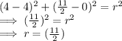 (4-4)^2 + (\frac{11}{2} -0)^2  = r^2\\\implies (\frac{11}{2}) ^2 = r^2\\\implies r = (\frac{11}{2})