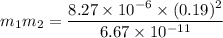 m_1m_2=\dfrac{8.27\times 10^{-6}\times (0.19)^2}{6.67\times 10^{-11}}