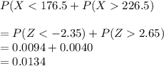 P(X226.5)\\\\=P(Z2.65)\\= 0.0094+0.0040\\=0.0134
