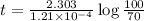 t=\frac{2.303}{1.21\times 10^{-4}}\log\frac{100}{70}