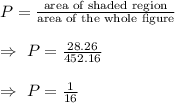 P=\frac{\text{area of shaded region}}{\text{area of the whole figure}}\\\\\Rightarrow\ P=\frac{28.26}{452.16 }\\\\\Rightarrow\ P=\frac{1}{16}