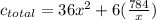 c_{total}= 36x^2 +6(\frac{784}{x})