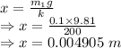 x=\frac{m_1g}{k}\\\Rightarrow x=\frac{0.1\times 9.81}{200}\\\Rightarrow x=0.004905\ m