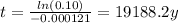 t=\frac{ln(0.10)}{-0.000121} = 19188.2 y