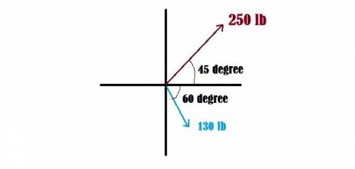Forces with magnitudes of 250 pounds and 130 pounds act on an object at angles of 45 degrees and -60